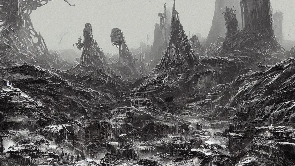 Image similar to group of survivors, no man's land, remnants of the human civilization, post - apocalyspe, machines, bleak, eerie atmospheric, a color illustration by tsutomu nihei, gerald brom and vincent di fate, epic cinematic matte painting