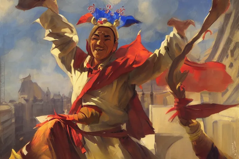 Prompt: greg manchess portrait of an asian man in a jester outfit cheering in the center of an arena, profile picture, organic painting, sunny day, matte painting, bold shapes, hard edges, street art, trending on artstation, by huang guangjian, gil elvgren, ruan jia, randy vargas, greg rutkowski