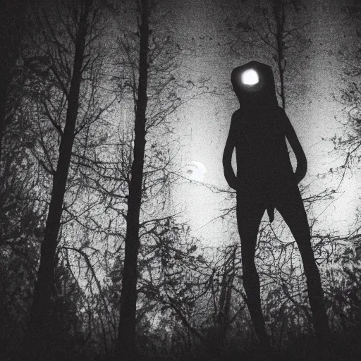 Prompt: grainy surveillance photo still of an alien in the woods at night hiding in the trees of a forest, low contrast, atmosphere, moonlight through trees