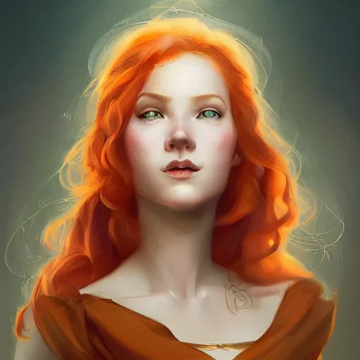 Prompt: beautiful portrait of a young redhead woman bard smilling, trending on artstation, trending on deviantart, by Peter Mohrbacher