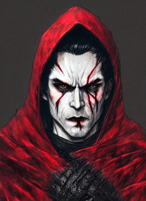 Image similar to close up portrait of a vampire in a dark cloak, black and red color, powerful, domineering, stoic, masterful, intense, ultrafine hyperdetailed illustration by kim jung gi, irakli nadar, intricate linework, sharp focus, octopath traveler, yoji shinkawa, highly rendered, detailed, concept art