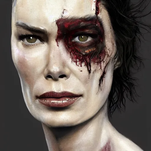 Image similar to color head portrait of lena headey promoting a skin care product as a zombie, 7 days to die zombie, gritty background, fine art, award winning, intricate, elegant, sharp focus, cinematic lighting, digital painting, 8 k concept art, art by michael hussar, art by brom, art by guweiz and z. w. gu, 8 k