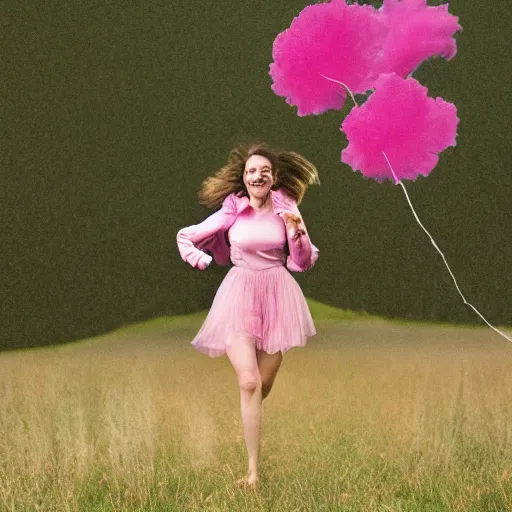 Image similar to a woman in pink frills running around in a field, photograph, photorealistic, award winning photo