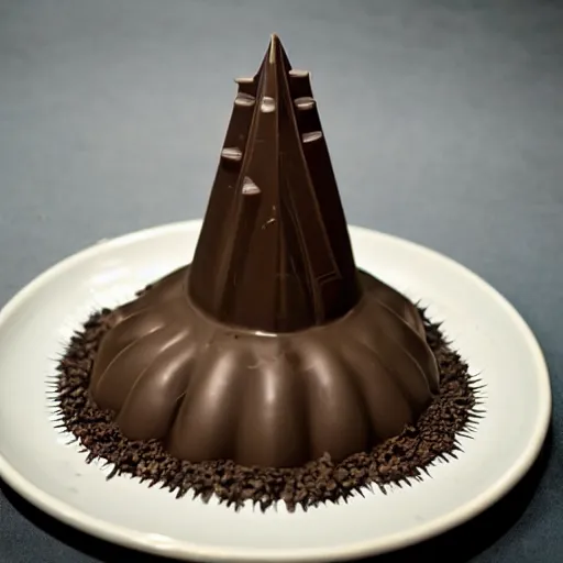 Image similar to Chocolate covered World War 2 naval contact mine with spikes, served on a plate, gourmet sweet
