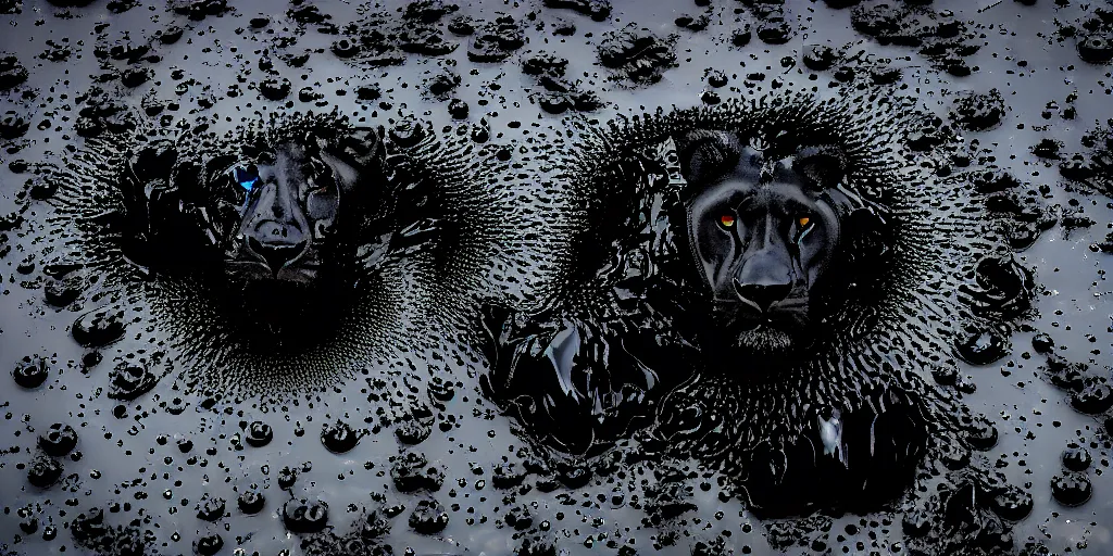 Prompt: the black lioness made of ferrofluid, rolling in the lake of sticky thick tar, viscous, sticky, full of black goo, covered with black goo, splattered black goo, dripping black goo, dripping goo, splattered goo, sticky black goo. photography, dslr, reflections, black goo, zoo, exhibit