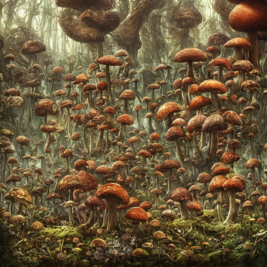 Image similar to the big mushroom, a beautiful hyper realistic detailed concept art of a fractal eldritch and fascinating mushroom forest with morels at foreground and amanitas and puffballs and psilocybes and reishi and spores on several floors by andreas rocha and john howe and dan mumford and albert bierstadt, nausicaa, ultrawide angle, artstation, pinterest