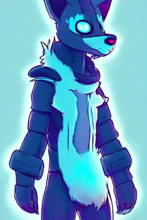 Prompt: a cute cyberpunk anthropomorphic fox with light blue fur and a fluffy tail, comic art, trending on furaffinity, cartoon, kawaii, backlighting, furry art!!!, cel shading, concept art, lineless