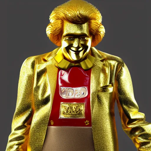 Image similar to A still of Ronald McDonald surrounded by gold and diamonds, Award-winning, photograph, 3d render, unreal engine, 4k detailed