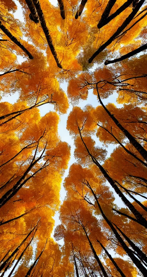 Prompt: wide - angle view, an expansive view, in autumn, beautiful birch forest landscapes, falling leaves all over the sky, like flying butterflies, and like dancing elves flying and spinning in the sky