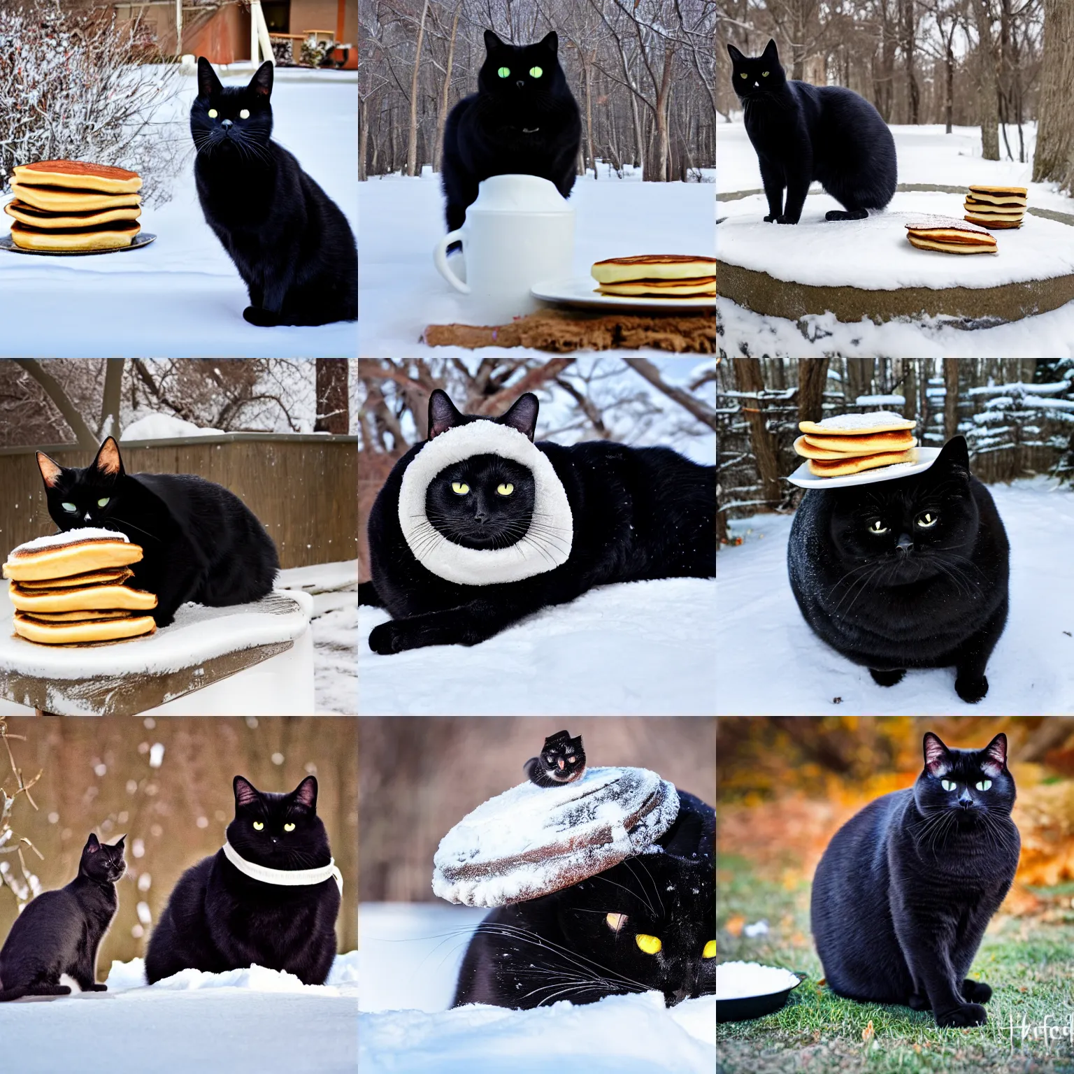 Prompt: fat black cat with pancake on head in Minnesota winter