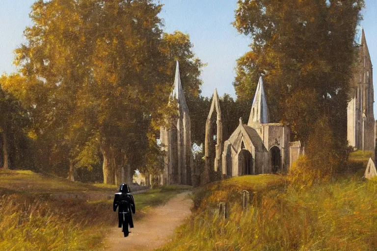 Prompt: a detailed oil painting of darth vader leaving a quaint medieval norman flint church, english, churchyard, trees, golden hour, lead - covered spire, realistic architecture