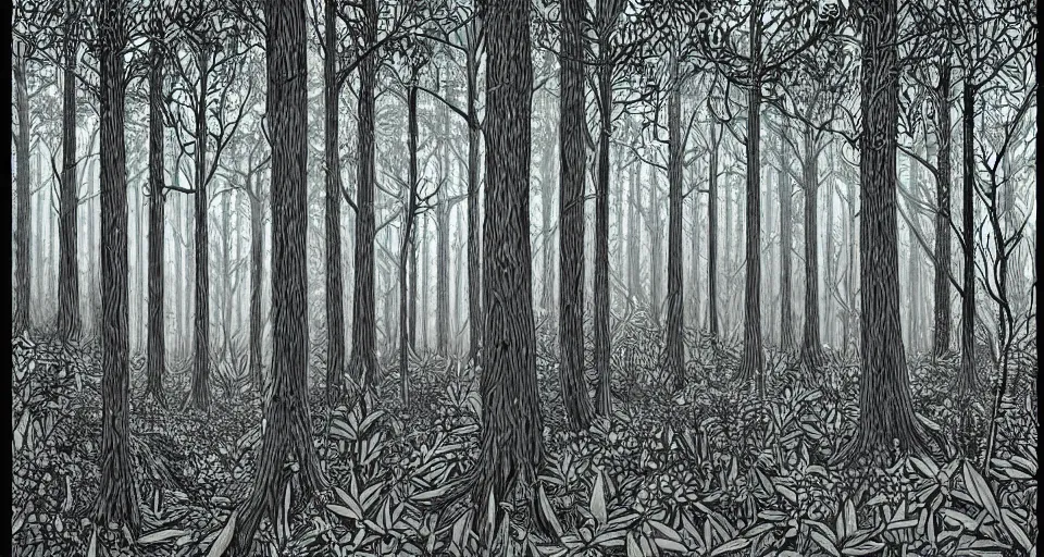 Prompt: detailed illustration of beautiful forest and undergrowth, geometric art, detailed matte illustration, geometric art by robert h hudson, detailed illustration of beautiful forest and undergrowth