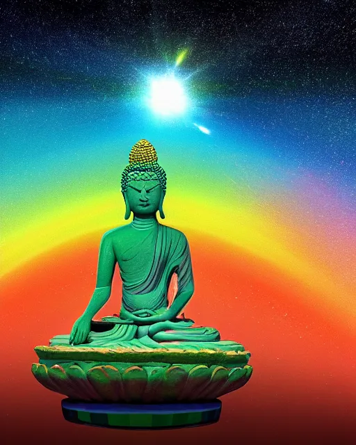 Image similar to the most beautiful star system with large brightly coloared planets, inside of an expansive cave, green tara buddha with a crown of rainbow clouds, coherent design, symmetrical, vivid color, complementary color, golden ratio, detailed, sharp lines, intricate, rainbowshift, by in unreal engine, nvidia, octane render