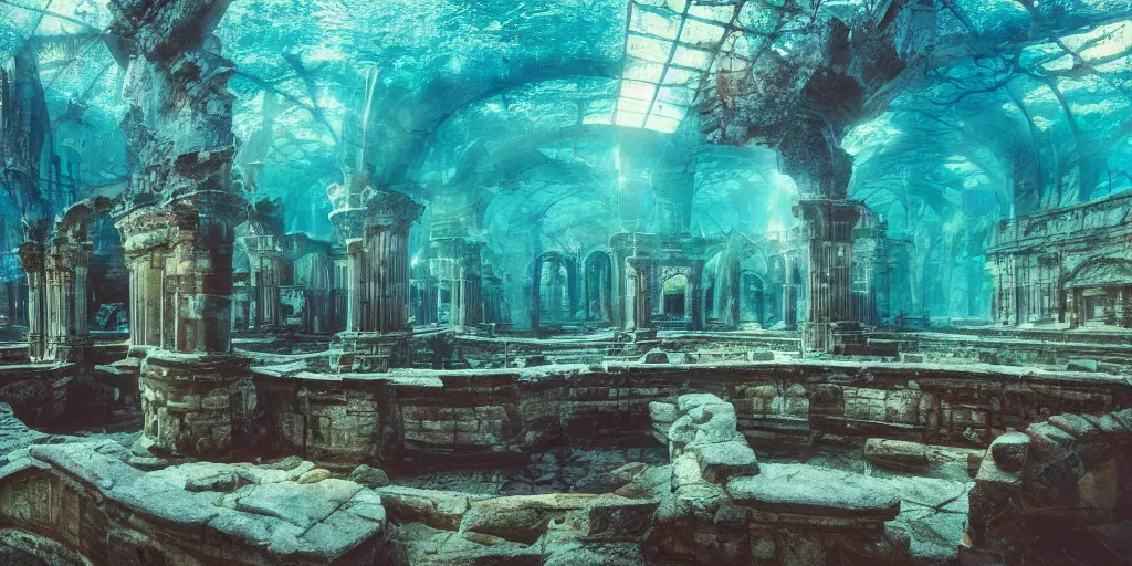 Prompt: mc donald's ruins underwater, wide shot, intricate details, caustics