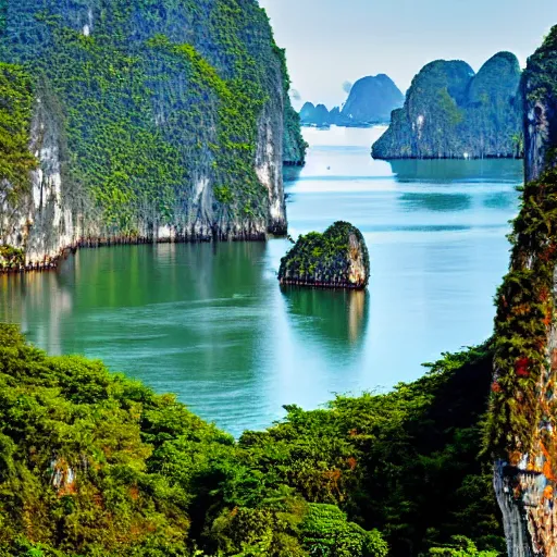 Image similar to 8k photograph of the Loch Ness monster in halong bay, Vietnam. National Geographic.