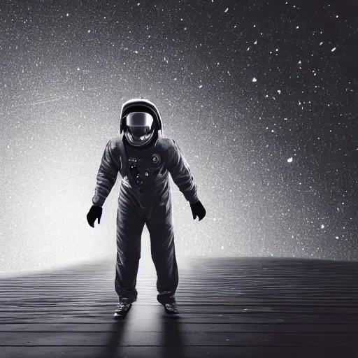 Image similar to mysterious man in silver space suit, walking on an industrial catwalk with stairs that lead nowhere, floating in deep space with a black background, photograph, wide angle