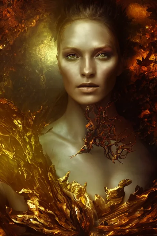 Prompt: fantasy character concept portrait, digital painting, wallpaper of a dryad with skin of obsidian, with veins of magma and gold, renaissance nimbus overhead, by aleksi briclot, by laura zalenga, by alexander holllow fedosav, 8 k dop dof hdr, vibrant