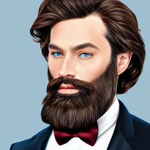 Prompt: a highly detailed portrait of a man, with a brown beard and hair, blue eyes, wearing a tuxedo, photo, hyperrealism, digital art