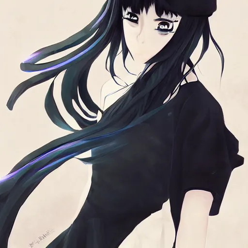 Prompt: anime girl wearing a black dress, anime style, gorgeous face, by makoto shinkai, by wenjun lin, digital drawing, video game art, soviet city