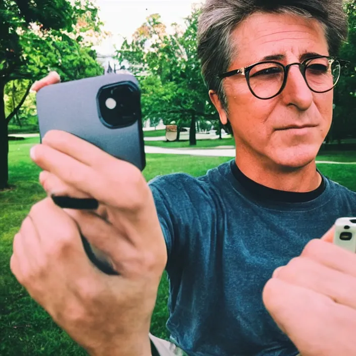 Prompt: modern color fine details iphone 12 Pro selfie photograph of a young 20 year old Dustin Hoffman at 20 years old taking a selfie in a park on an iPhone 12 Pro, 20 year old Bill Murray, modern HD cell phone photograph in color, instagram,