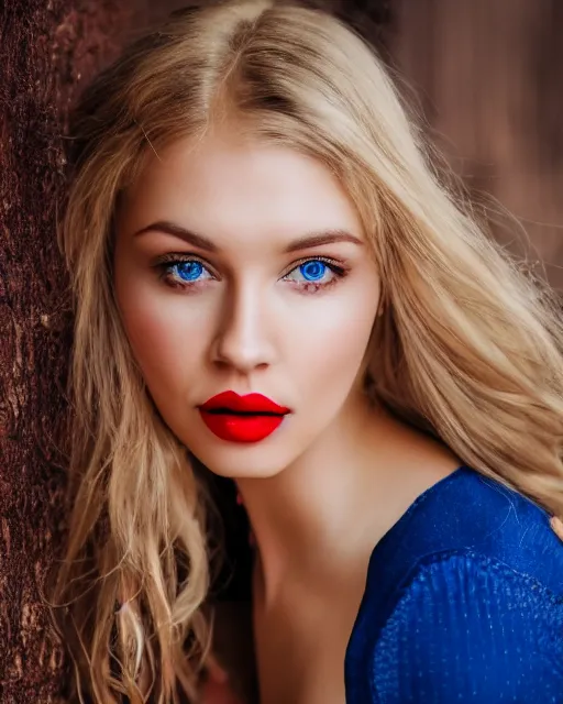 Prompt: A portrait of a beautiful blonde woman with beautiful blue eyes and beautiful red lips, piercing eyes, in heaven, highly detailed, bokeh, professional photograph, full body shot 4K, HD