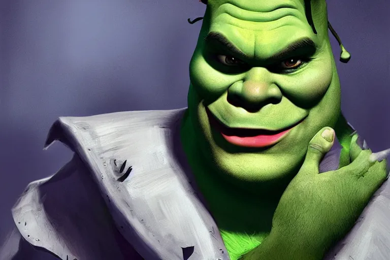 Image similar to shrek as joker, cinematic chiaroscuro, photorealistic, unreal engine, artwork by Ross Tran