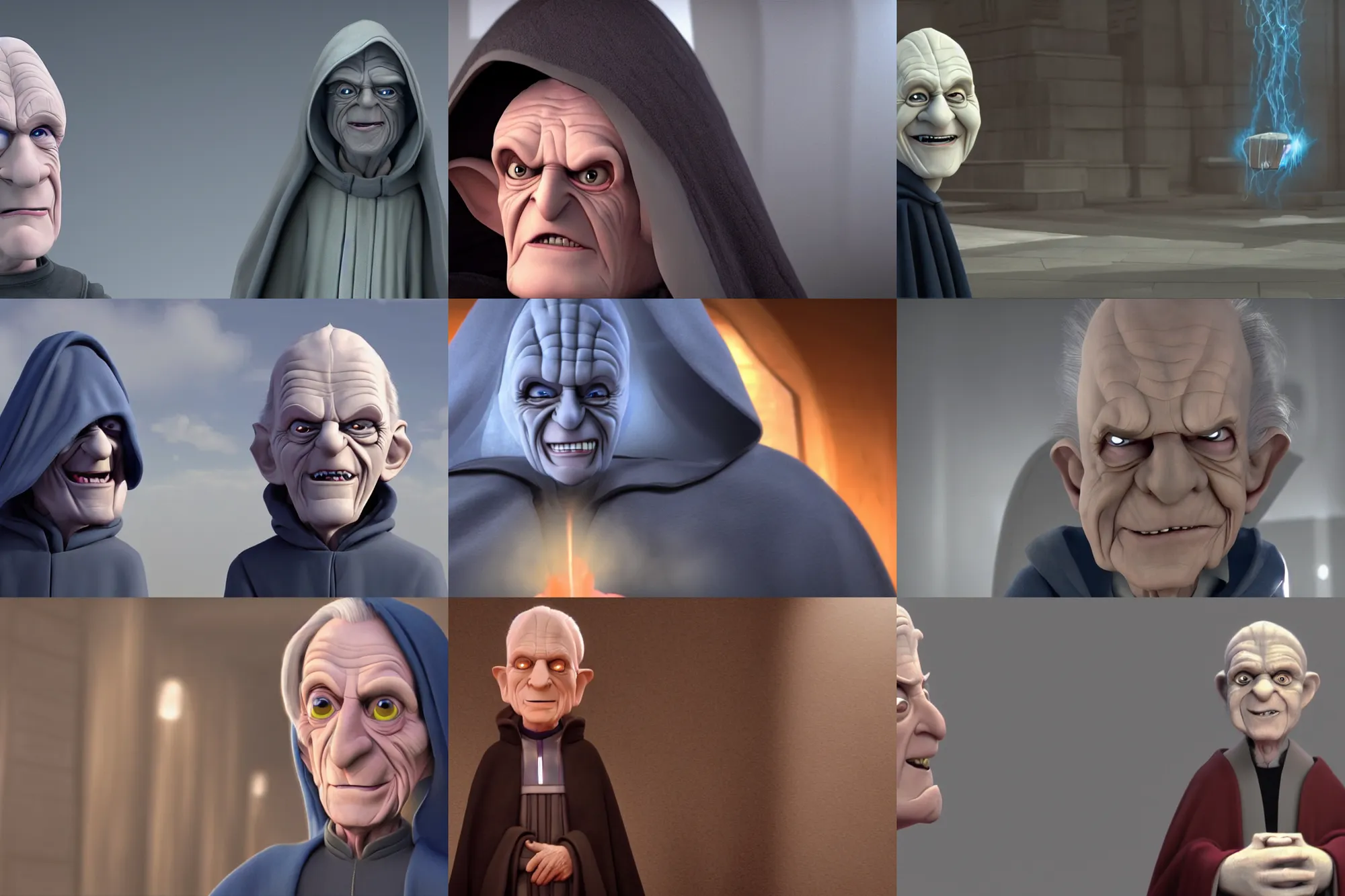 Prompt: a still of emperor palpatine in a pixar movie. 3 d rendering. unreal engine. amazing likeness. very detailed. cartoon caricature.