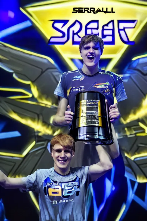 Prompt: serral wins the biggest starcraft tournament in the shadow dimension