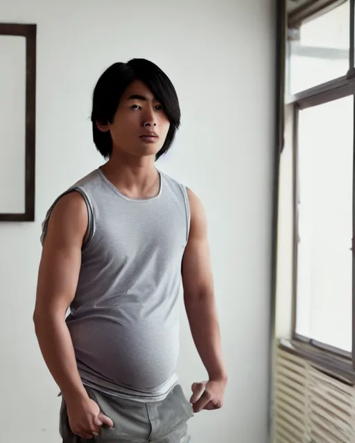 Prompt: Young male Asian protagonist wearing a sleeveless shirt and a big pregnant belly arching his back, ultrarealistic, 8k