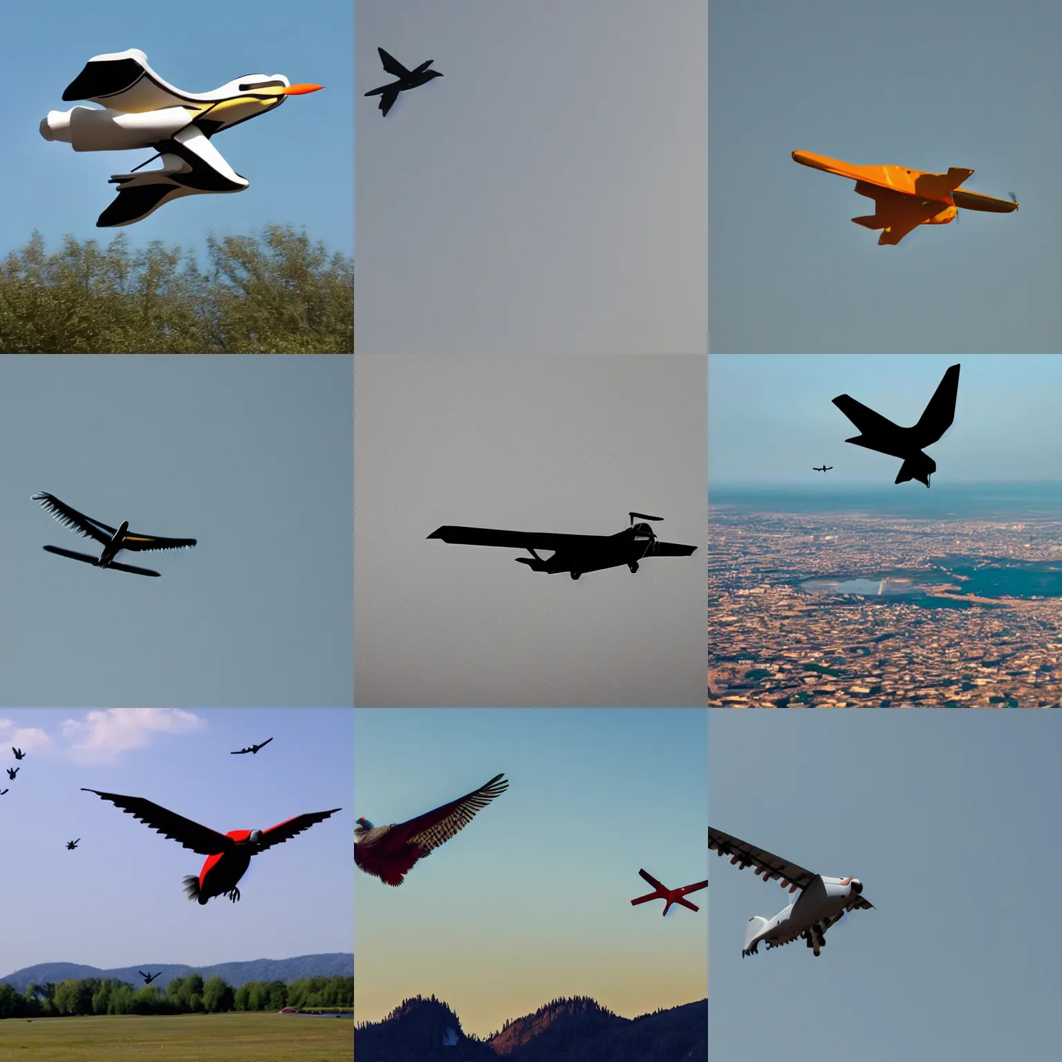 Prompt: a bird shaped airplane flying through the air