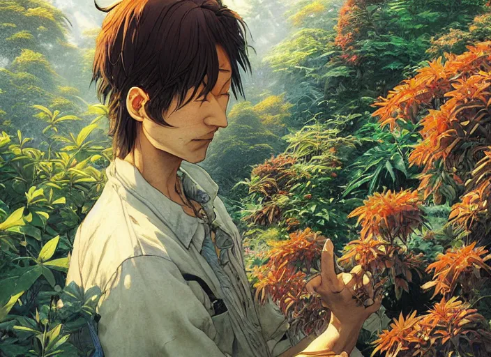 Prompt: a weed smoker paradise filled with stoners and potted plants, by takehiko inoue and kim jung gi and hiroya oku, by thomas kinkade and greg rutkowski and ilya kuvshinov, masterpiece illustration, ultrarealistic, perfect face and anatomy, golden ratio