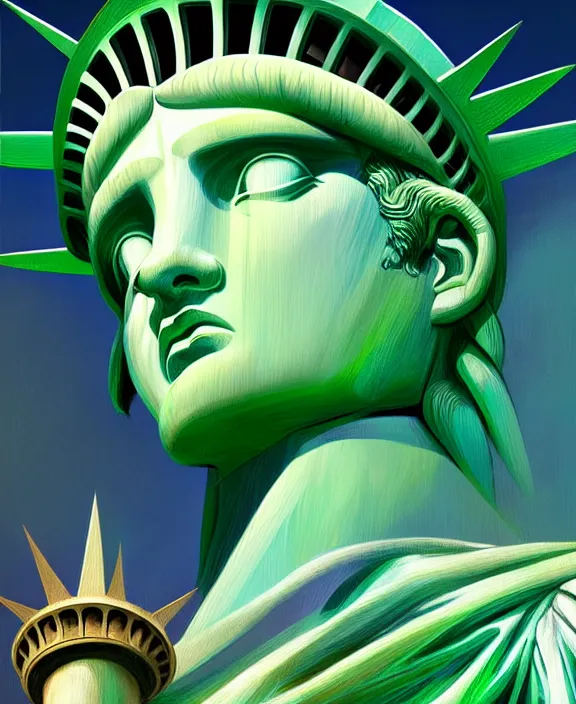 Prompt: cute statue of liberty, perfect face, symmetrical eyes, green skin, cinematic, stunning, elegant, highly detailed, psychedelic, digital painting, artstation, smooth, hard focus, illustration, art by jessica rossier and and brian froud
