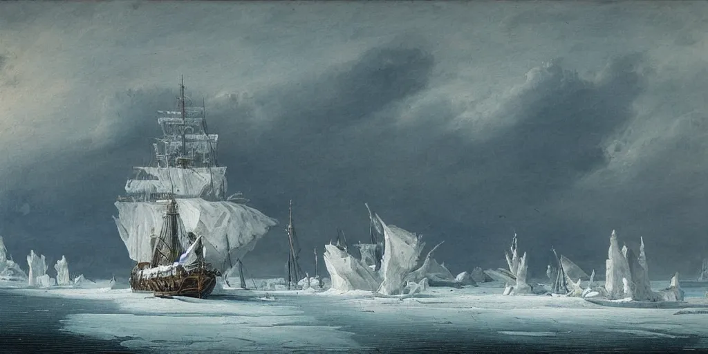 Image similar to “ an 1 8 0 0 s sail ship is stuck in solid white sea ice, completely frozen sea, the frozen sea is jagged and maze - like, towering ice ridges and spires and seracs, nighttime, stars visible, romanticist oil painting ”