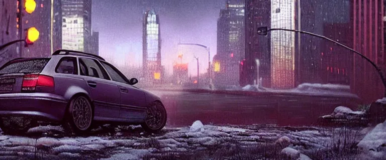 Image similar to Audi A4 B6 Avant (2002), a gritty neo-noir, dramatic bright lighting, cinematic, establishing shot, extremely high detail, photorealistic, cinematic lighting, artstation, by simon stalenhag, Max Payne (PC) (2001) winter new york at night