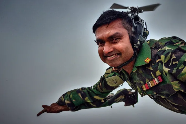 Prompt: closeup portrait of bangladesh army commander jumping from a helicopter, cinematic shot, motion still, atmospheric