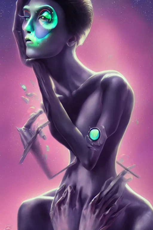 Image similar to digital portrait of an eloquent alien diamond queen, straight on, full body character concept art, concept art, by artgerm, tom bagshaw, gerald brom, vaporwave colors, lo fi colors, vaporwave, lo fi, 4 k, hd, rendered with substance designer, small details,
