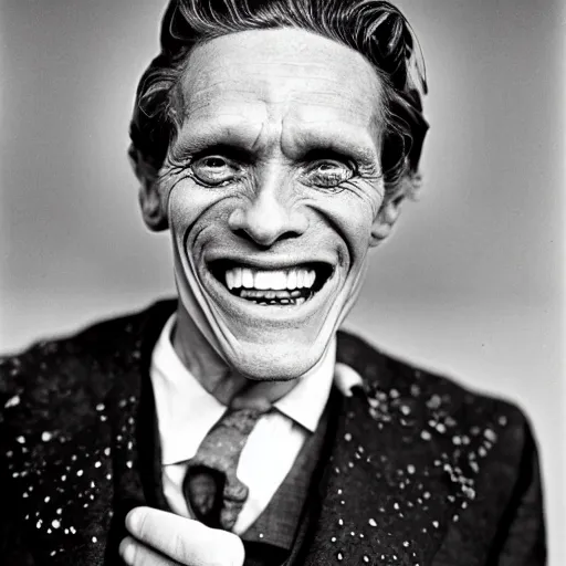 Prompt: black and white photo of william dafoe, encrusted with barnacles, laughing