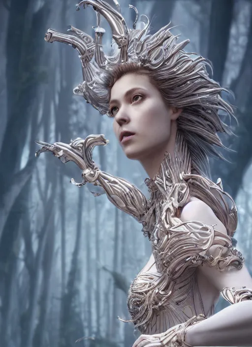 Image similar to beauteous practical sumptuous biomechanical with incredible hair, crystalline masterpiece incrustations, hyperdetailed face, elegant pose, movie still, intricate, octane render, cinematic forest lighting, cgsociety, unreal engine, crepuscular rays, god rays