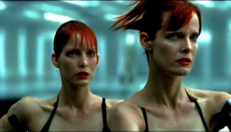 Image similar to The matrix, LeeLoo, Starship Troopers, Clarice Starling, Sprinters in a race with a clear winner, robotic legs, The Olympics footage, intimate shot, cinematic stillframe, shot by Roger Deakins, The fifth element, vintage robotics, formula 1, starring Geena Davis, sports photography, clean lighting