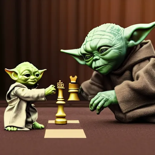 Image similar to real vintage photo, baby yoda playing chess with the terminator, detailed, hyper realistic, 4 k octan render, unreal 5