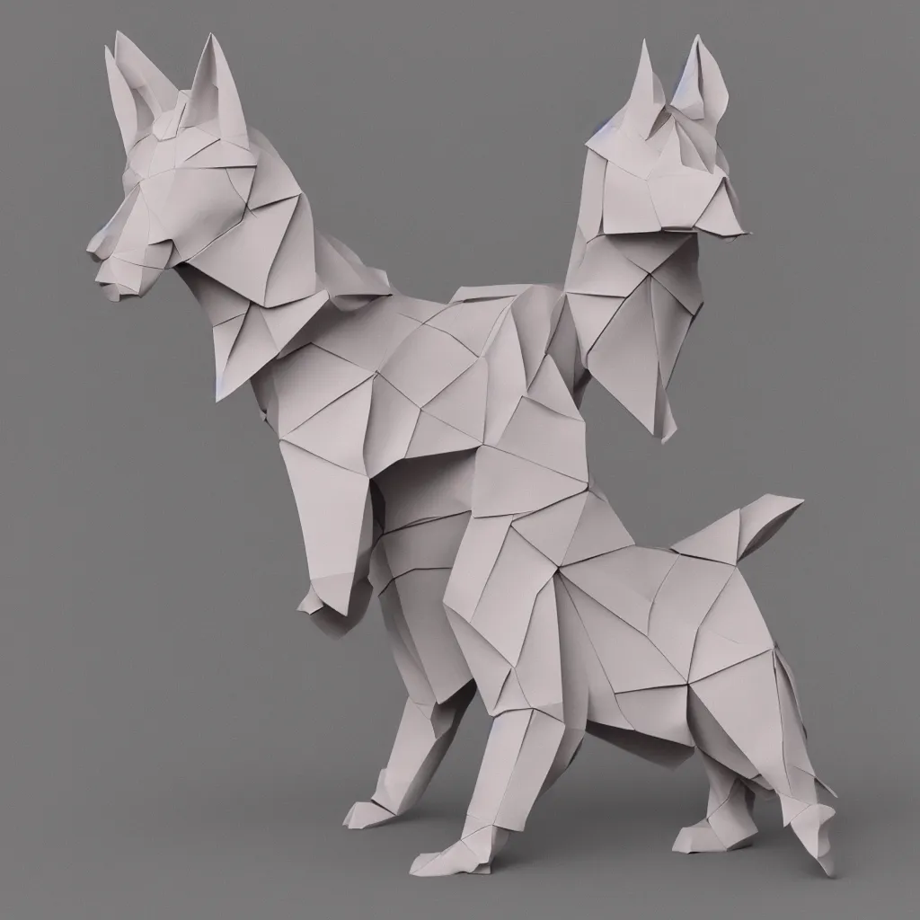 Image similar to 3 d rendering of paper japanese origami of simplified form of german shepherd, 2 d image