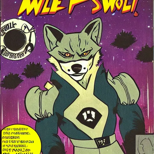 Image similar to 1 9 8 0 s comic book cover scan featuring a portrait of villain male wolf o'donnell anthropomorphic wolf furry fursona from starfox wearing a dark space mercenary uniform, dark grey wolf, handsome eyes, wolf o'donnell