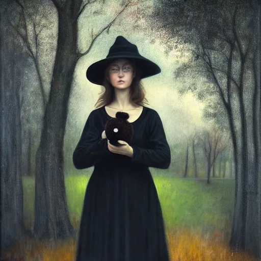 Image similar to a girl standing in a park, alone, wearing black dress and hat, holding teddy bear, detailed hands, by andrea kowch, dark, scene, magic realism