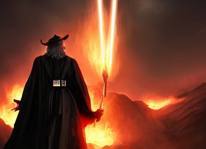 Prompt: gandalf burning darth vader, beautiful landscape, dramatic lighting, cinematic, establishing shot, night time, heavy rain, extremly high detail, photorealistic, cinematic lighting, epic fight scene, post processed, concept art, artstation, matte painting, style by greg rutkowsky