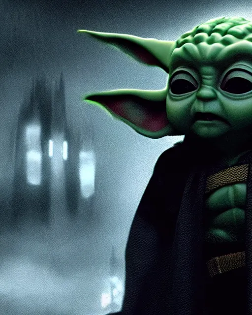 Prompt: epic closeup cinematic still of baby yoda as batman wearing batman costume with batmask and batcape as batman in atmospheric rainy alleyway in the style of batman the dark knight rises, 8 k backlit, rim lighting, dramatic moonlight lighting, beautiful composition