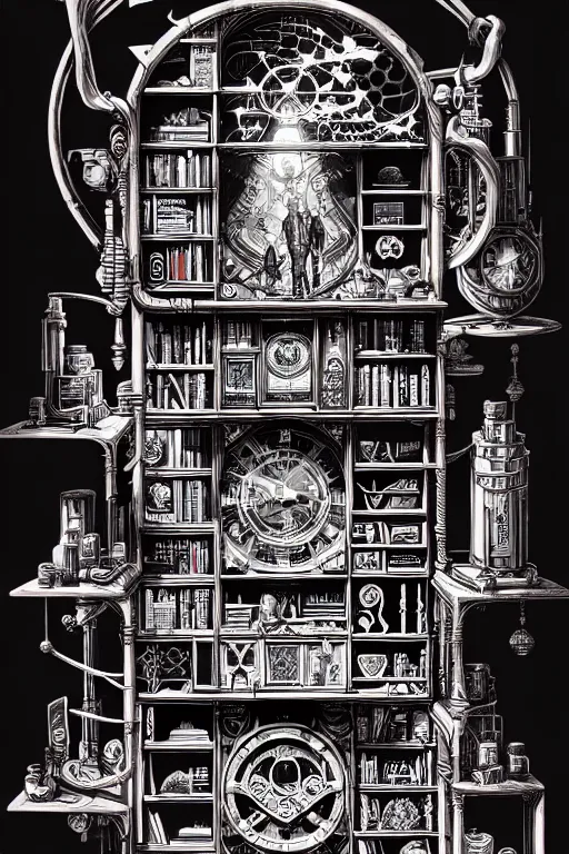 Image similar to a majestic steampunk alchemists bookshelf, two point perspective, furniture, high details, bold line art, by vincent di fate and joe fenton, inking, etching, screen print, masterpiece, trending on artstation, sharp, high contrast, hyper - detailed,, hd, 4 k, 8 k