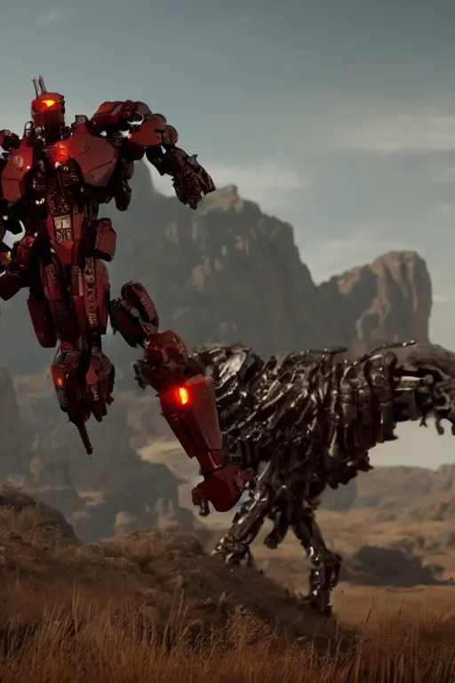 Image similar to a cinematic still from Westworld, red mech, armored core, octane render, nvidia raytracing demo, masterpiece