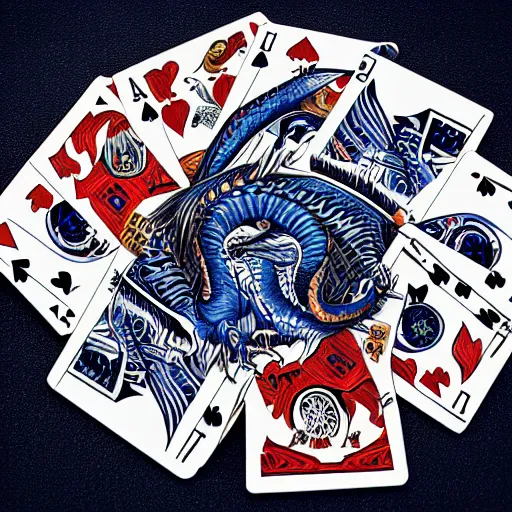 Prompt: blue eyes white dragon sitting on a poker table with exodia