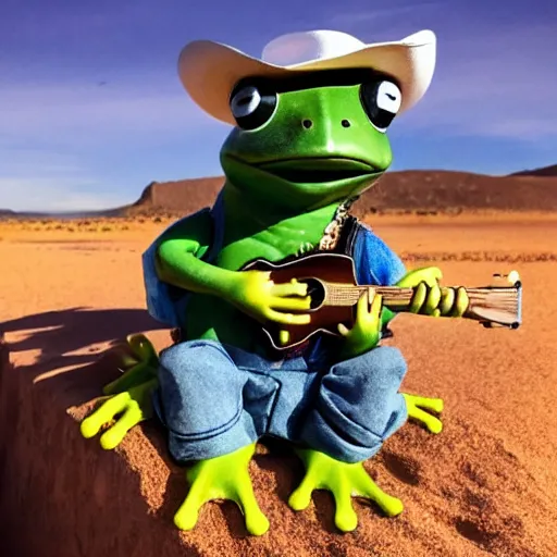 Image similar to an frog wearing cowboy outfit and holding an mini guitar in a desert