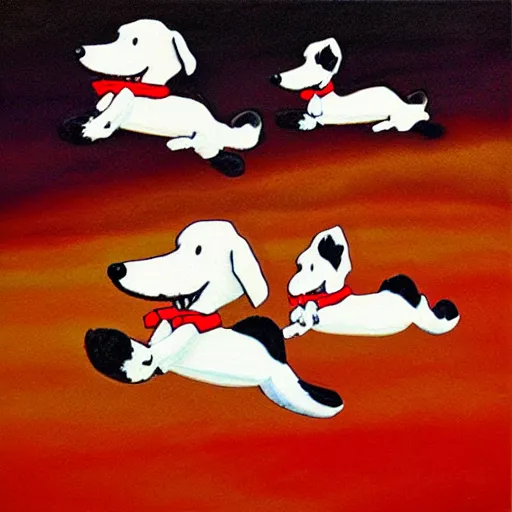 Image similar to 3 toy fox terriers flying a biplane, wearing red scarves flapping in wind, dramatic oil painting, snoopy the dog, style of charlie brown, aperture gradient